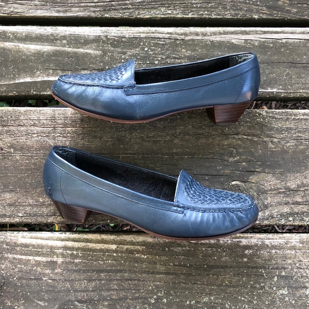 Vintage Woven Leather Loafer Wooden Heels Shoes Blue 6 1/2 W